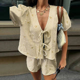 MQTIME  -  Casual Short Sleeve Loose 2Pc Outfits Fashion Striped Embroidery Women Suit Elegant V-neck Tie Up Hollow Shirt & Short Pant Set