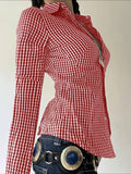 MQTIME  -  Spring New Design Color Contrasting Versatile Fine Grid Cotton Collar Long Sleeve Shirt for Women
