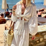 MQTIME  -  2025 Summer Women's White Two Piece Set Casual Fashion Lace Up Long Puff Sleeve Deep V Neck Short Top+Long Skirt 2pcs 