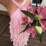 MQTIME  -  Women Ruffles Layered Dresses Summer Female Elegant Chiffon Backless Sleeveless Fluffy Long Dress Solid Color Lady Beach Robes