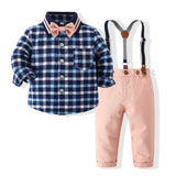 MQTIME  -  Autumn Toddler Boy Clothing Korean Fashion Gentleman Plaid Long Sleeve Cotton Tops+Pants+Straps+Tie Newborn Baby Clothes BC1376