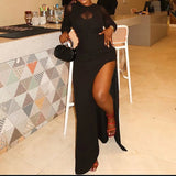 MQTIME  -  Elegant High Split Slim Wrap Hips Dress Lady See-through Sleeve Solid Evening Dresses Sexy Mesh O-neck Hollow Out Bodycon Dress