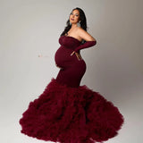 ﻿ MQTIME  -  Dark Red Maternity Dresses for Photography Sweetheart Mermaid Pregnant Photo Dress Customized Ruffled Babyshower Gowns
