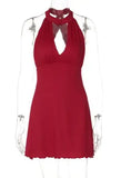 MQTIME  -  Spring Women's Clothing New Sexy Neck Button Low Cut Back Hollow Out Hanging Neck Dress Female Fashion Slimming Dresses