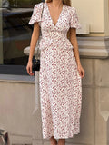MQTIME  -  Flowers Printed V-Neck Waist Hugging Long Dress Female Puff Sleeve Elegant Fashion Dress Short Sleeve Slimming Women Dress D554