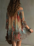 MQTIME  -  Vintage Pattern Print Loose Mini Dress Spring Sexy Slash Neck Hollow Women's Party Dress New Fashion Long Sleeve Boho Dress