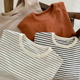  MQTIME  -  Spring Kids Basic Tee Unisex Striped Long Sleeve T-Shirt Soft Cotton Round Neck Casual Top