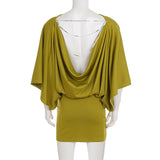 MQTIME  -  Metal Chain Backless Drape Patchwork Bodycon Mini Dress Women Sexy Batwing Sleeve Wrap Hips Slim Party Clubwear Vacation Outfits