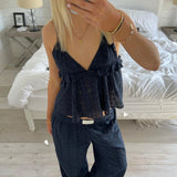  MQTIME  -  y2k Women Ruffle Tops Summer Clothes Solid Color V Neck Hollowed Flower Spaghetti Strap Backless Camisole Streetwear