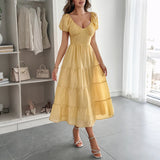 MQTIME  -  Summer New Sexy V-neck Women Leisure Resort Dress Simple Solid Color Female Waist Belt A-line Long Dresses