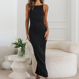 MQTIME  -  Elegant Solid Ribbed Textured Bodycon Strap Long Dress Square Neck Sleeveless Slim Fit Minimalist Dresses Lady Party Gown