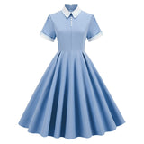 MQTIME  -  Elegant Vintage Rockabilly Pin Up Dress Women's Retro 1950s Light Blue Hepburn Style Swing Pleated Party Dress Femme Vestidos