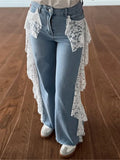 MQTIME  -  Y2k Women Light Blue Lace Denim Wide-leg Jeans High Street Stylish for Daily Wear Elegant Fashion Denim Pants Dragging Casual