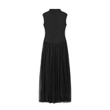 MQTIME  -  Women Mesh Splice Long Dresses Spring Summer Female Chic French Elegant Stand Collar Zip Sleeveless Vest Dress Lady Party Dress