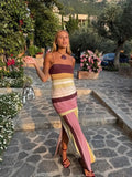  MQTIME  -  Sexy Color Block Striped Sling Maxi Dress Women Spaghetti Strap High Split Slim Long Dresses Summer New Lady Holiday Robes