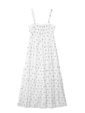 Mqtime Summer Dress Women Tiered Hem Embroidery Casual Midi Dress Straight Neckline Sleeveless Spaghetti Strap Cotton White Dress