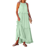 MQTIME  -  Women Boho Solid Color Dress Sleeveless Ruffled Maxi Vestidos Loose Fit Straight Hippie Dresses Layered Princess Robe