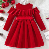 ﻿ MQTIME  -  Christmas Girls Dress Kids with Off-the-Shoulder Design Ruffled Gown Children's Winter Long-Sleeved Vestidos Kids Autumn Clothes