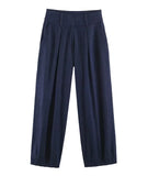  MQTIME  -  Women Dark Denim 2 Piece Set Halter V Neck Rivet Trim Draped Cowl Top High Waist Wide Leg Pleated Long Trousers Matching Outfit