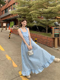 MQTIME  -  Ear Hem Plaid Maxi Dresses for Women Small Fresh Ruffles Dress Korean Square Collar Sleeveless Vestidos