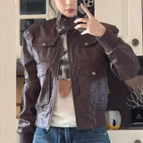MQTIME  -  Short Punk Biker Jacket Women Stylish High Street Zip Up Faux Leather Cropped Coat