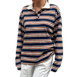 MQTIME  -  Women s Striped Long Sleeve T-shirt with Turn-down Collar Perfect for Casual Daily Wear in the Fall Season Streetwear Style