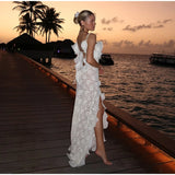 MQTIME  -  Sexy Hollow Out Ruffles Split Long Dress Women Backless See Through Slim Beach Holiday Dresses 2025 Summer Slim Party Lady Robe