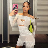 MQTIME  - Women Solid Lace Patchwork Rompers Playsuits Fashion Sexy Hollow Out Slash Neck Long Sleeve Skinny Club Party Shorts Jumpsuit