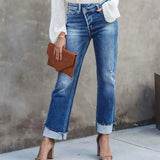 MQTIME  -  Women's Classic Blue Mid-Rise Wide Leg Jeans - Washed Jeans, Rolled Hem, Elastic Soft Straight Leg, Vintage Fashion Casual Jeans