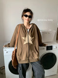 Mqtime Womens Clothing coffee color Harajuku Street Sweatshirt Hoodie Star Printing Long Sleeves Casual Warm Baggy Ladies Tops Autumn
