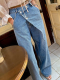 MQTIME  -  Women Vintage Korean Jeans Long Pants Spring Summer High Waisted Diagonal Buckle Loose Straight Leg Pants Baggy Casual Trousers