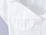 MQTIME  -  White Lapel Women's Short Top Women Single-breasted Buttons Front Placket Back Tie Up Shirt Summer Commute Simple Outfit