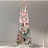  MQTIME  -  Print Long Dress For Women Stand Deep V-neck Sleeveless Backless Waist Cinching Robe Summer Elegant Female Party Dresses