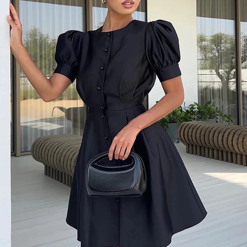 Mqtime Ladies O-Neck Peal Buttons High Street Mini Dress Women Elegant mqtime Mqtime Ladies O-Neck Peal Buttons High Street Mini Dress Women Elegant mqtime