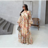 MQTIME  -  Elegant  Women's Print V-neck Long Dress Loose Long Sleeve Patchwork Party Dresses Female Fashion Summer Fall Robe