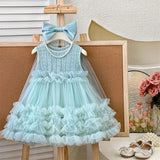 MQTIME  -  Girls' Mesh Dress New Princess Puffy Gown Kids Birthday Party Sleevless Tulle Vestidos Children Fashion Lace Clothing 2-10Y