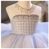 MQTIME  -  Elegant Flower Girl Dress For Wedding Sparkle Tulle Puffy Pearl Sleeveless Beaded Kids Birthday Party First Communion Ball Gowns