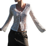 MQTIME  -  Elegant Lace Trimmed V-Neck Blouse with Tie Front Detail and Long Sleeves - Stylish Women s Shirt for Chic Street Style