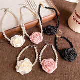 Mqtime Romantic Pink Rose Flower Necklace Bracelet Jewelry Set Elegant Imitation Pearl Chain Choker Necklaces Bangles For Party Wedding