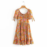 MQTIME  -  Boho Mini Dress Round Neck Short-sleeved Printing Dress A-line Hippie Holiday Dresses Floral Cotton Summer Vestidos