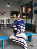 MQTIME  -  Korean Knitted Sweater Suits Women Long Sleeve Thin Bodycon Striped Pullover + Midi Skirts Casual Vintage 2 Piece Sets Outfits