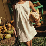 MQTIME  -  Cotton and Linen Short Dress Backless Solid Color Mini Dress Round Neck Open Back Beach Dress Boho Vestidos