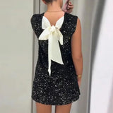 MQTIME  -  Sexy Glitter Sleeveless Bow Decoration Dress Fashion O-Neck Slim Party Sequins Dress Women Slim High Street Pullover Mini Dress