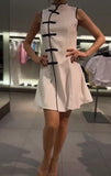 MQTIME  -  Women White Sleeveless Mini Cheongsam Dress Mandarin Collar Chinese Frog Knot Button A Line Dresses Lady Fashion Party Robe