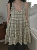 MQTIME  -  Korean Chic Plaid Summer Sweet Sleeveless Edible Tree Fungus All Match Dresses
