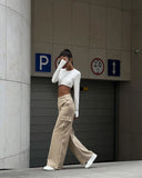  MQTIME  -  Autumn Women's Elastic Waist Low Waist Wide Leg Cargo Trousers Straight Khaki Long Casual Pants Female Fashion Streetwear Capris