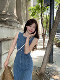MQTIME  -  Summer Long denim Dress Women's Korean V-neck Sleeveless Stripe Printed High Waist A-line Dress