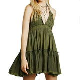 MQTIME  -  Sexy Backless Lace Halter Dress Summer femme V Neck Mini Party Dress Ruffle Lace Up Back Beach Sundress