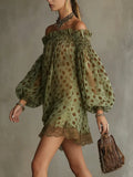 MQTIME  -  Elegant Gemstone Green Dresses Women Polka Dot Party Club Mini Dresses Shoulder Off Slash Neck Puff Sleeve Loose Evening Outfits