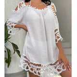 MQTIME  -  Solid Color Beach Cover Ups Lace-up Bandage White Beach Dress Splice Lace Transparent Sexy Swimwears Bathing Suit Beachwear
